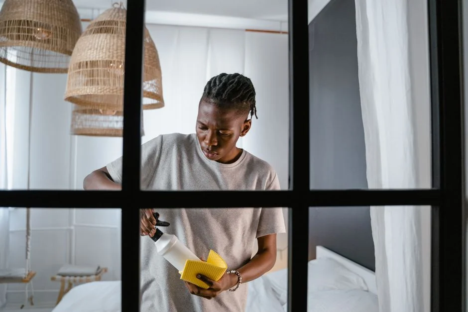 Young man engaged in household cleaning, wiping glass panels with a spray bottle.